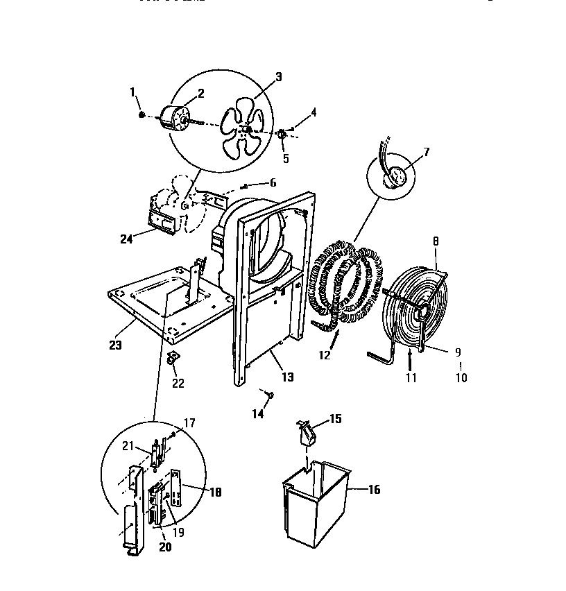 Fan, condenser, evaporator
