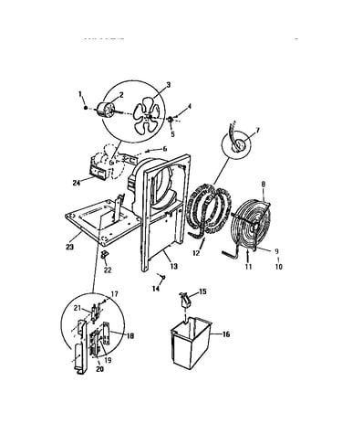 Fan, condenser, evaporator