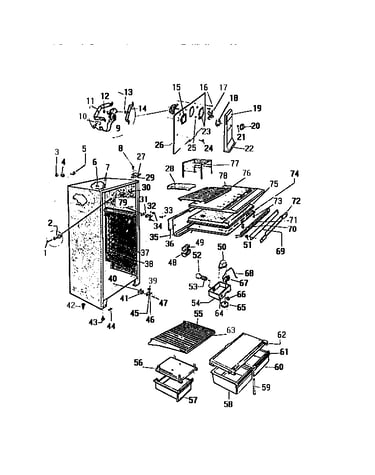 Cabinet, shelves, divider, fan assembly