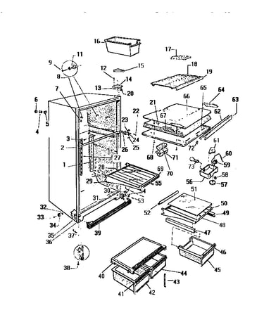 Cabinet, shelves, divider, fan assembly