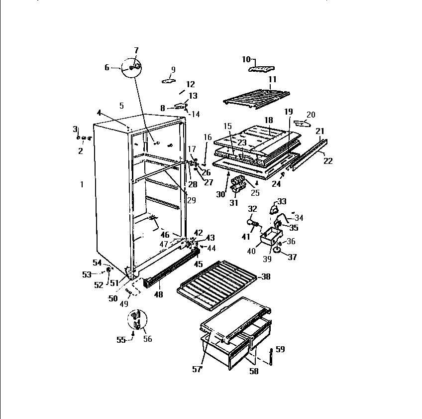 Cabinet, shelves, divider, fan assembly