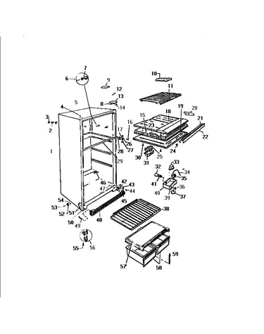 Cabinet, shelves, divider, fan assembly