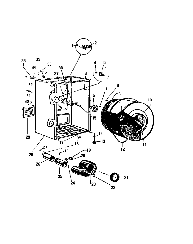 Cabinet, drum, heater housing