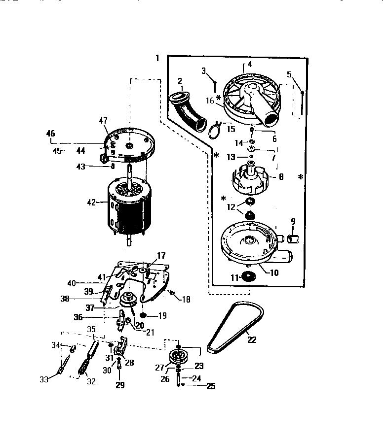 Motor, pump assembly