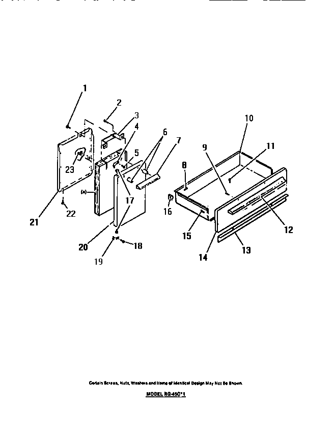 Oven door, storage compartment door, panels, oven drawer