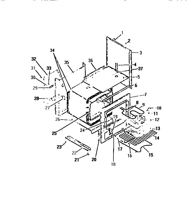 Oven liner, heating elements, side panels
