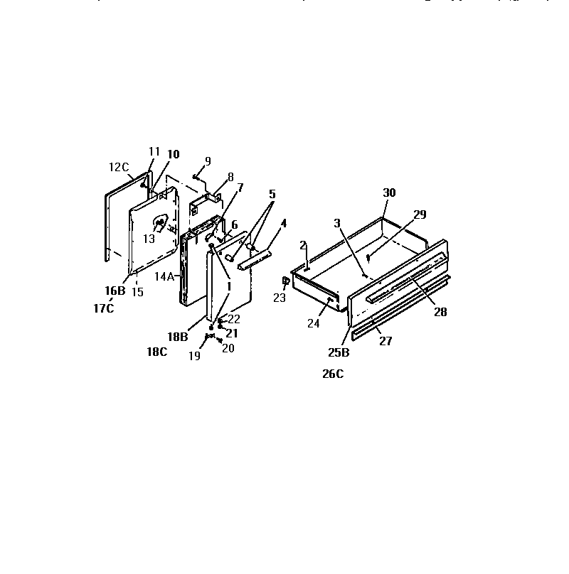 Oven door, storage compartment door, panels, oven drawer