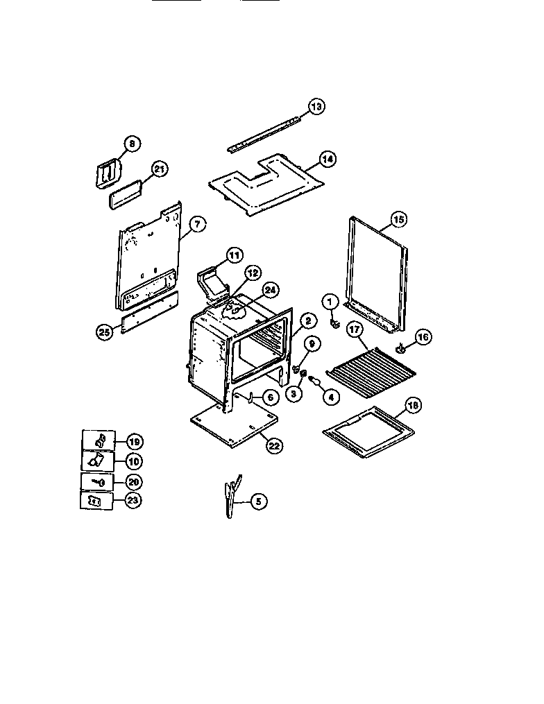 Interior oven, panels, frame