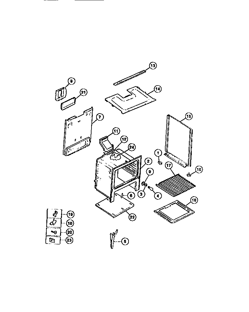 Interior oven, panels, frame