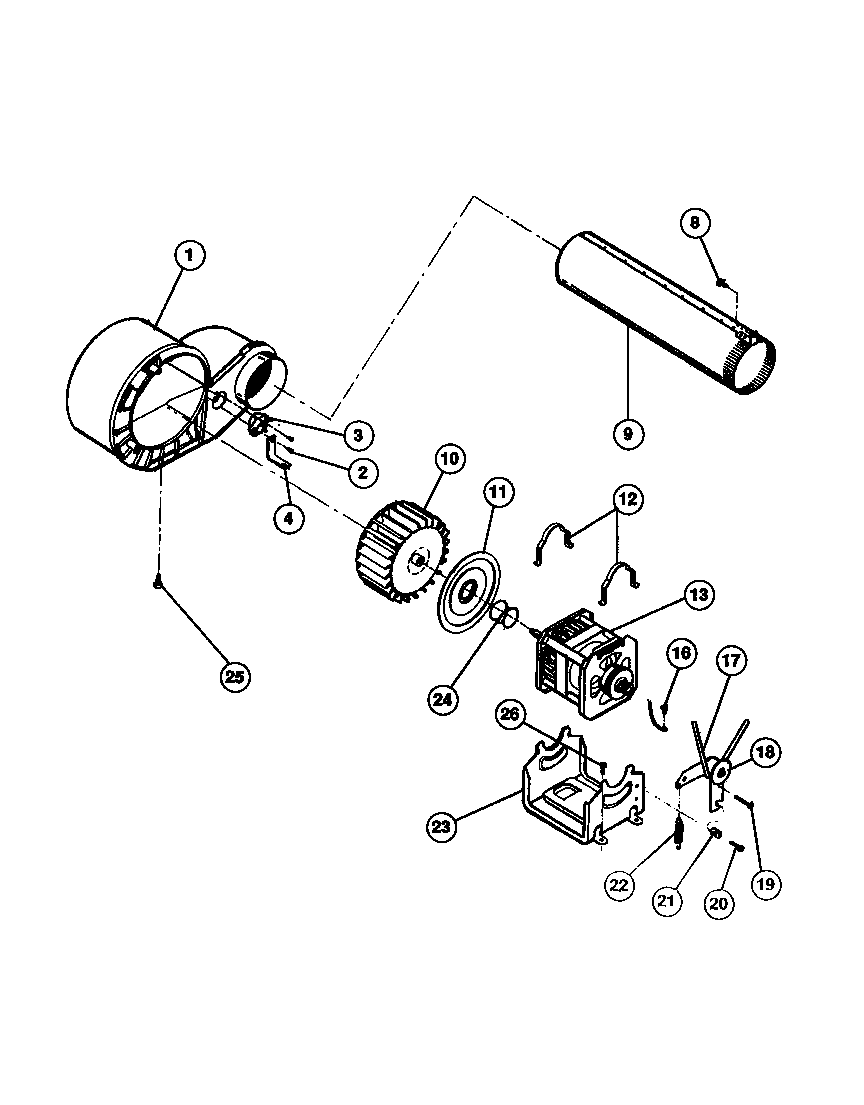 Motor, fan housing, exhaust duct