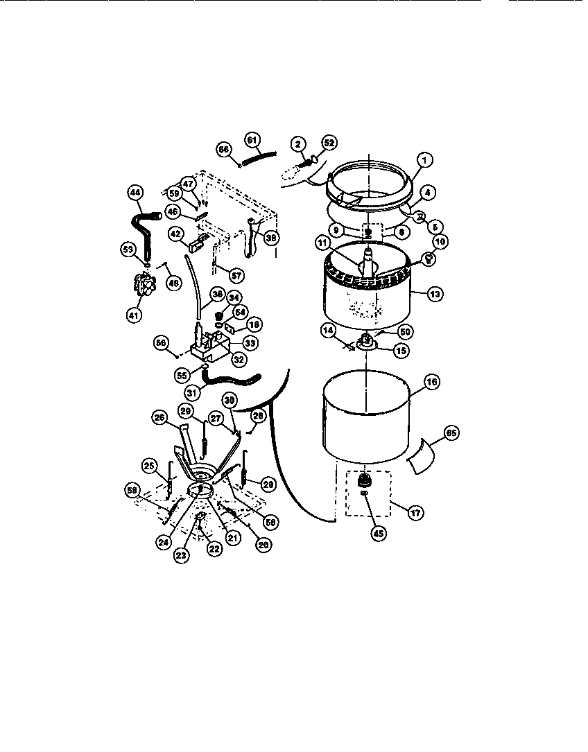 WASHER TUB, SUBTOP, WATER VALVE AND SNUBBER