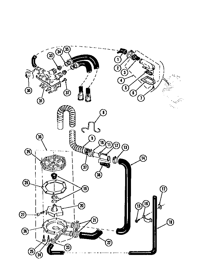 Pump, water valve, water inlet