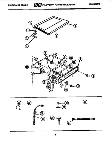 Top, controls and miscellaneous parts