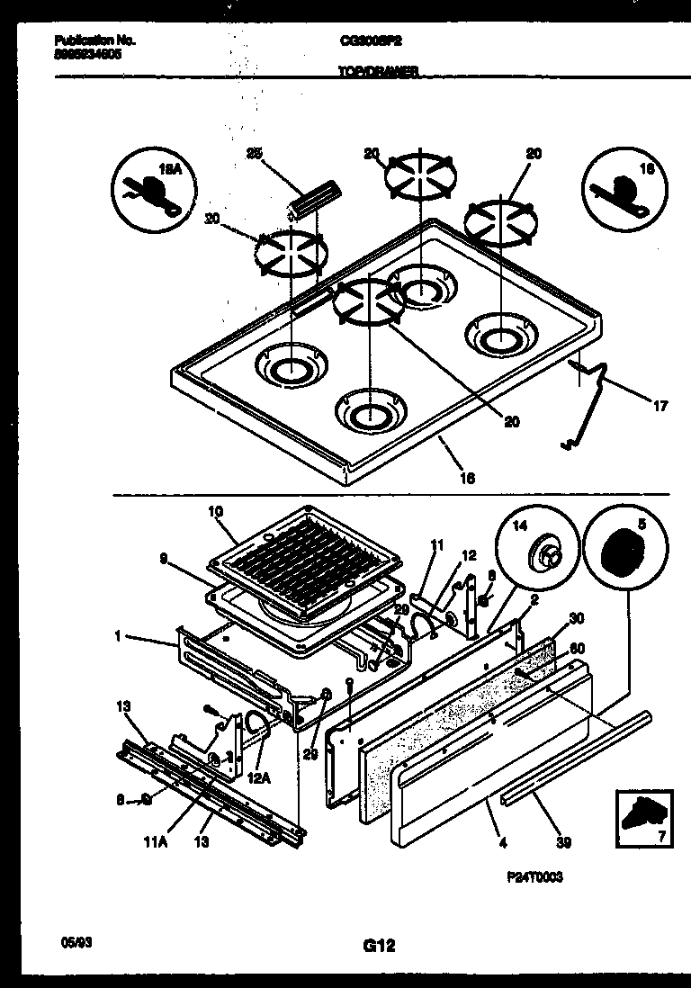 Cooktop and broiler drawer parts