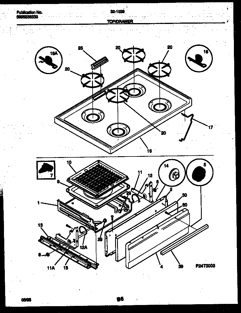 Cooktop and broiler drawer parts