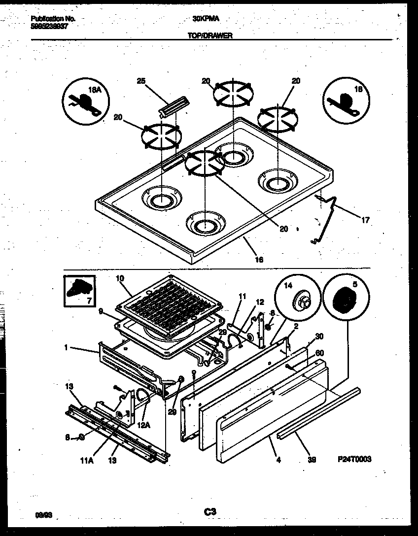 Cooktop and broiler drawer parts