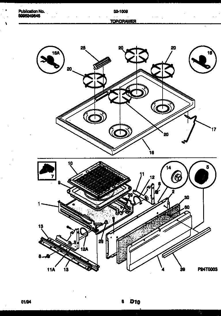 Cooktop and broiler drawer parts