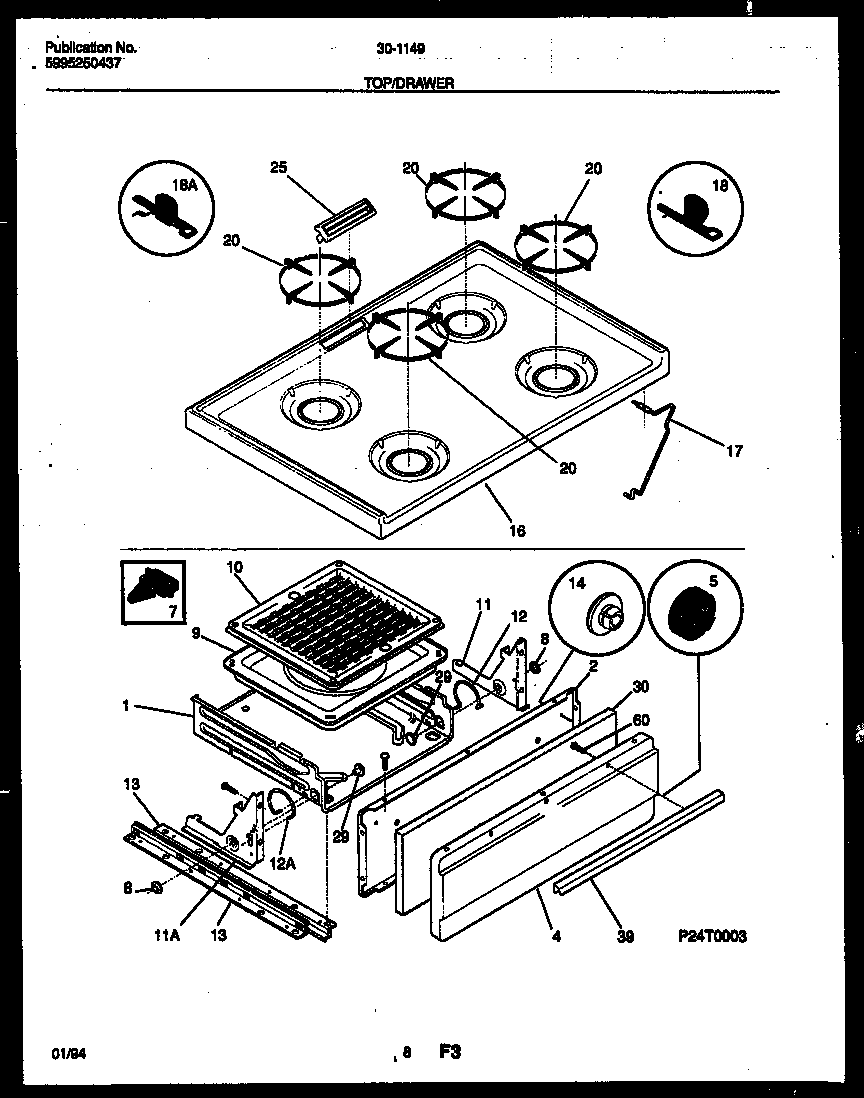 Cooktop and broiler drawer parts
