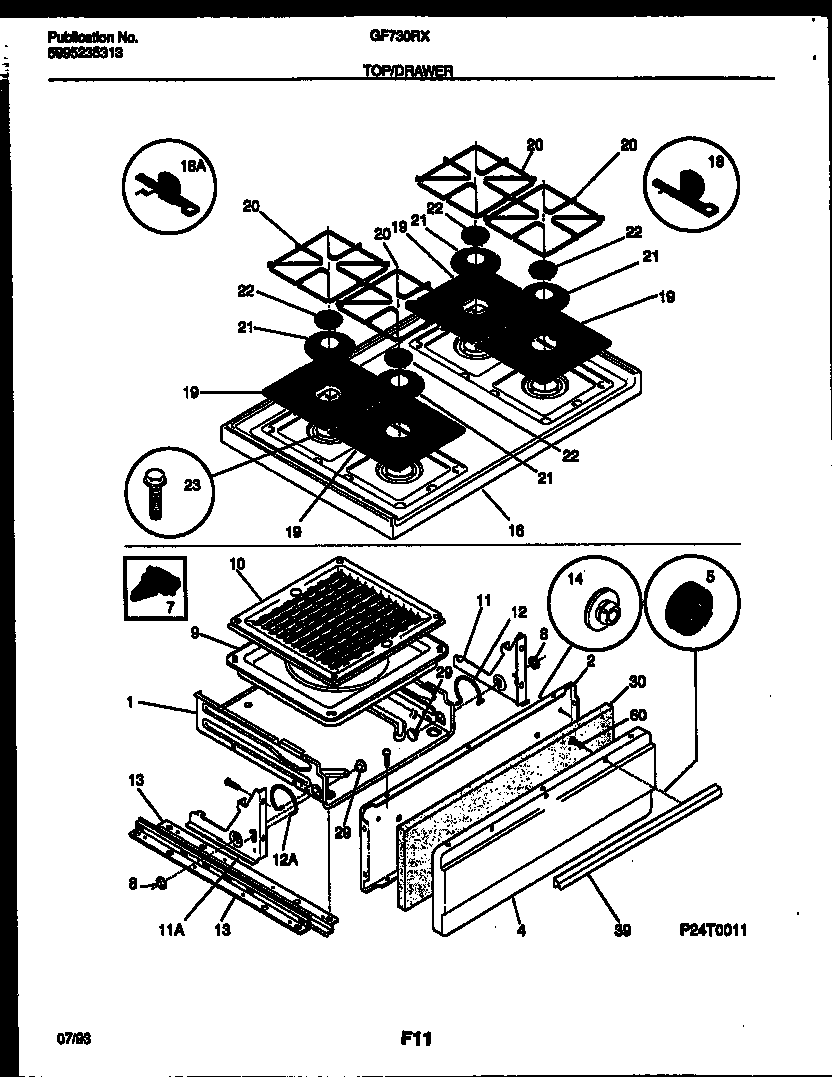Cooktop and broiler drawer parts
