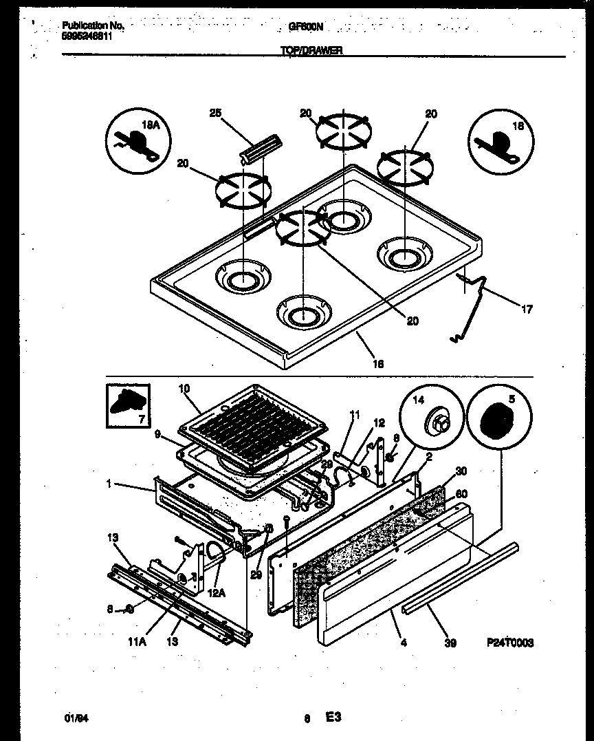 Cooktop and broiler drawer parts