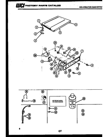 Top, controls and miscellaneous parts