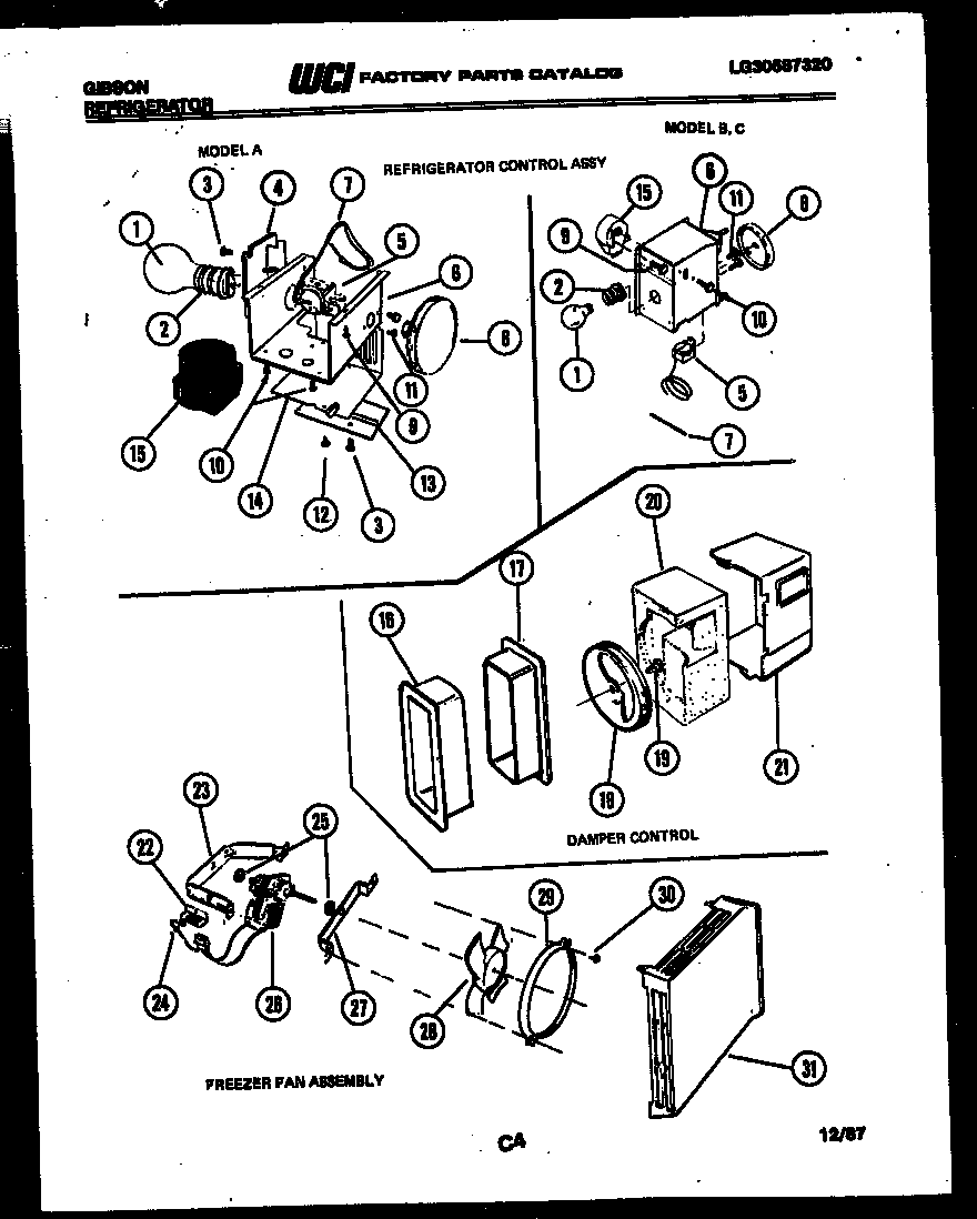 Refrigerator control assembly, damper control and freezer fa