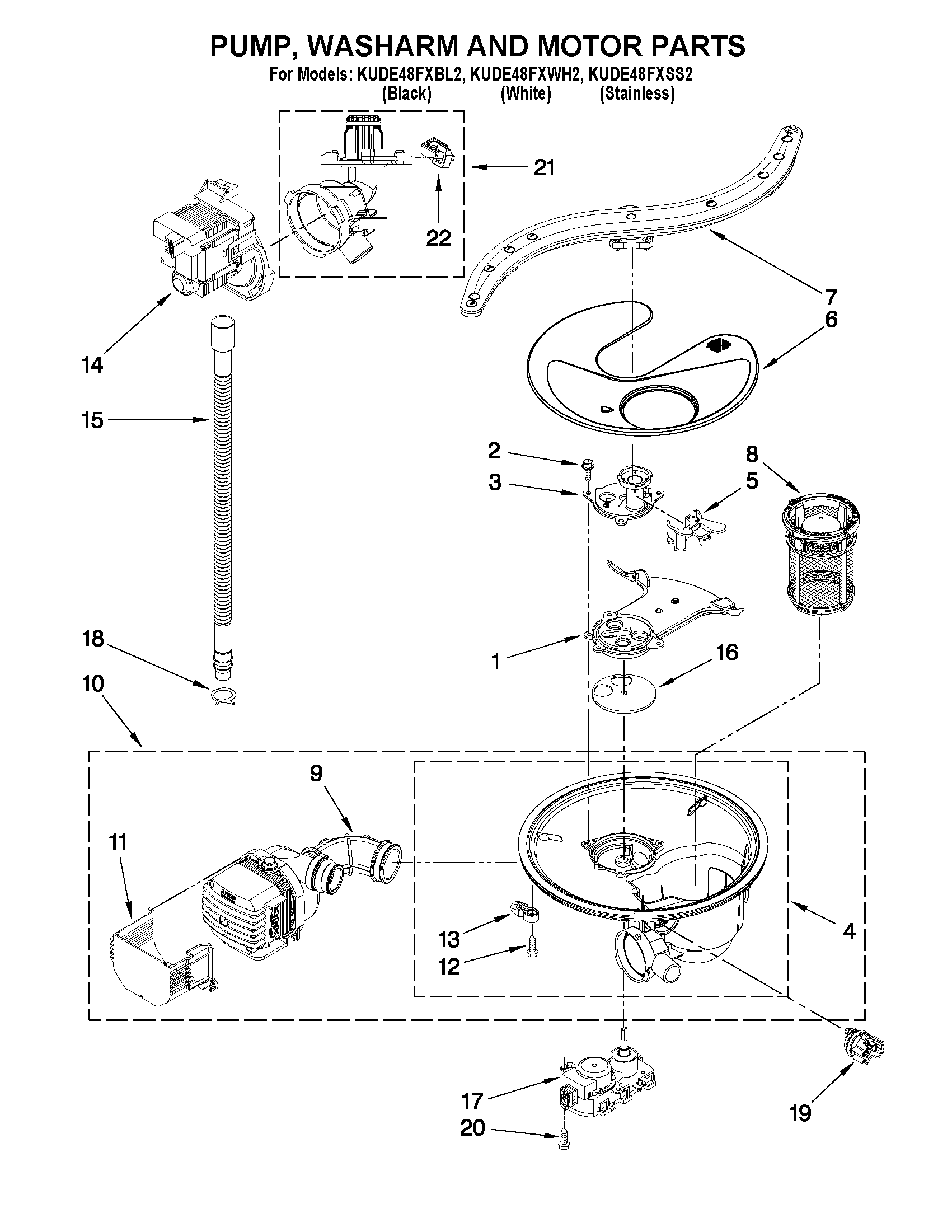 Pump, washarm and motor parts
