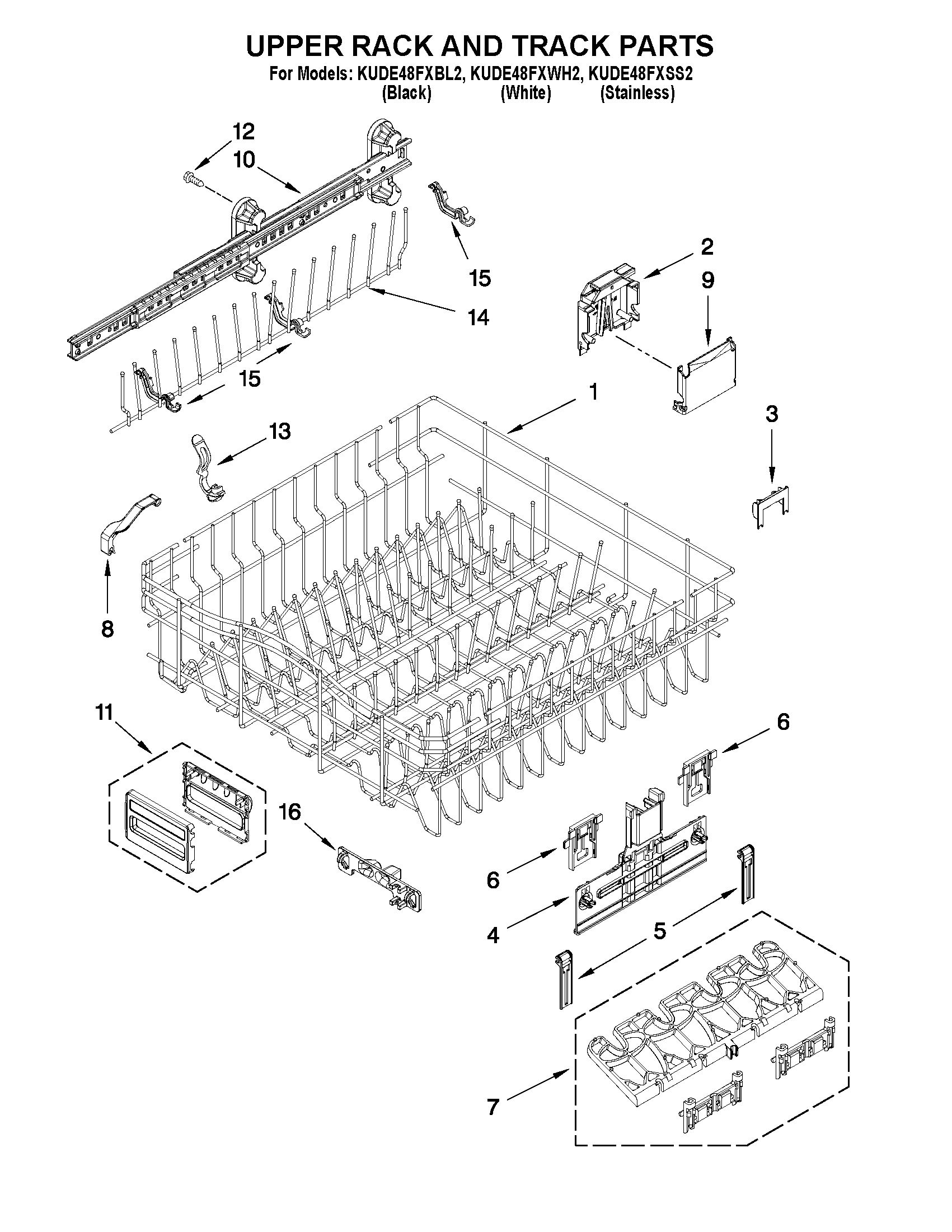 Upper rack and track parts