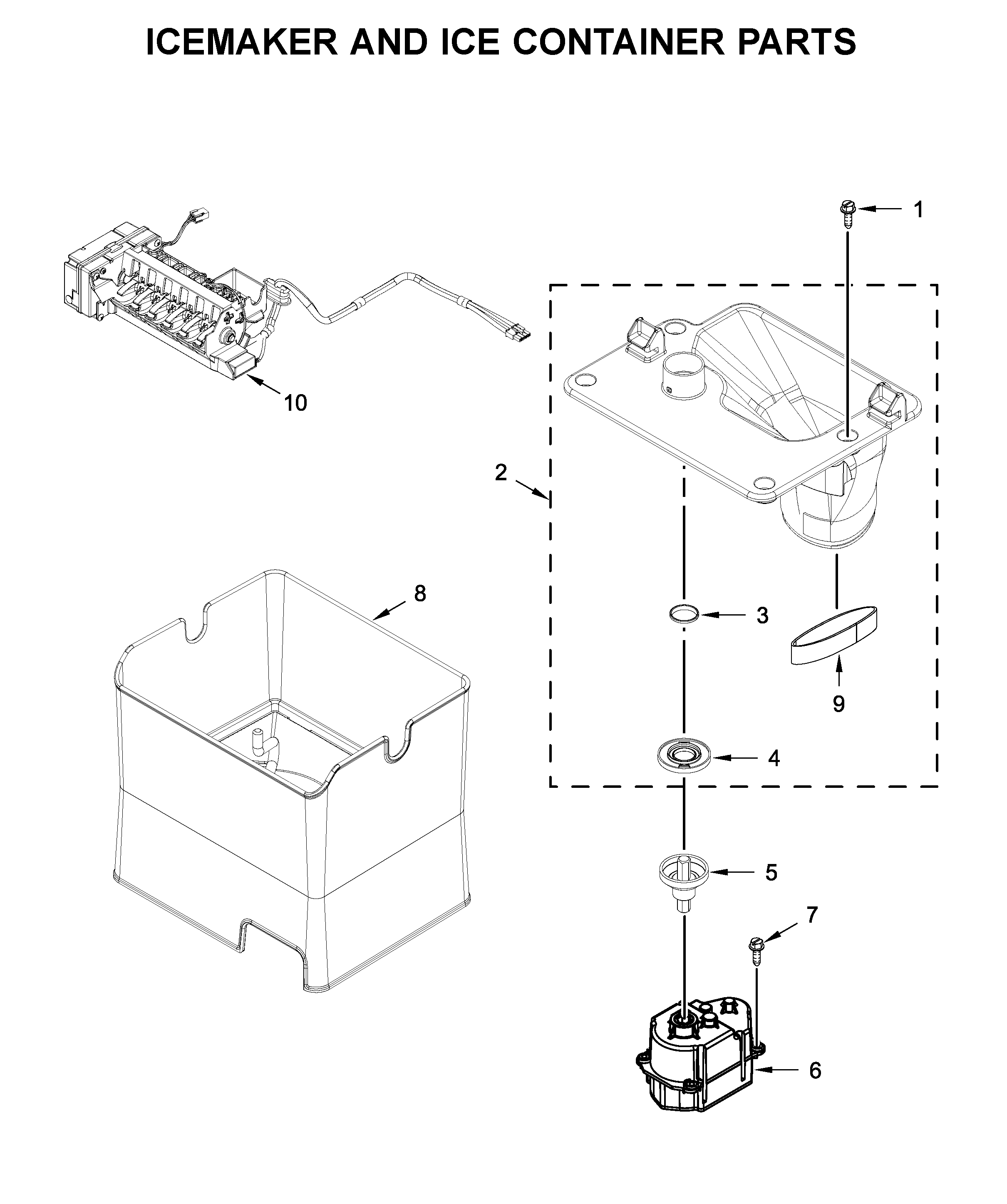 Icemaker and ice container parts