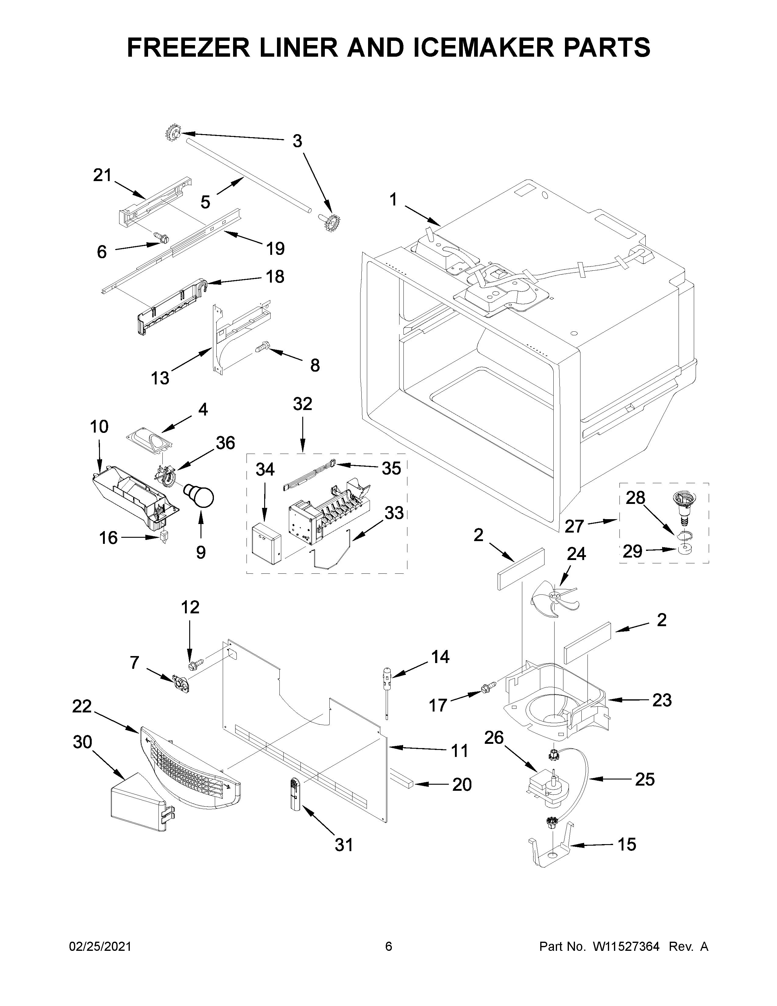 Freezer liner and icemaker parts