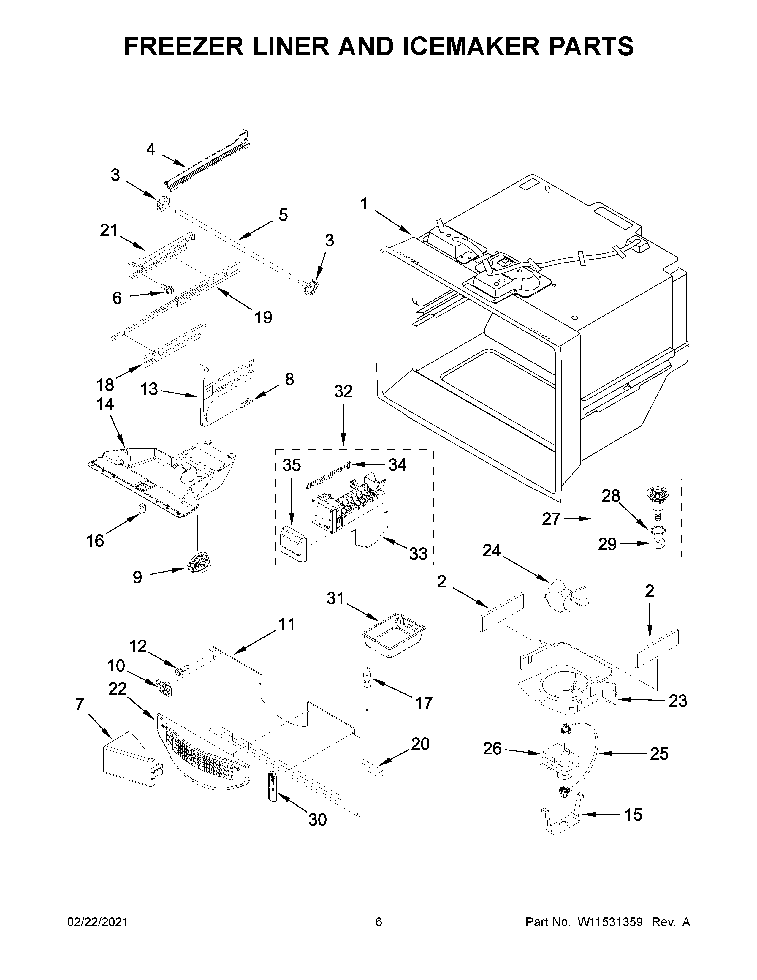 Freezer liner and icemaker parts