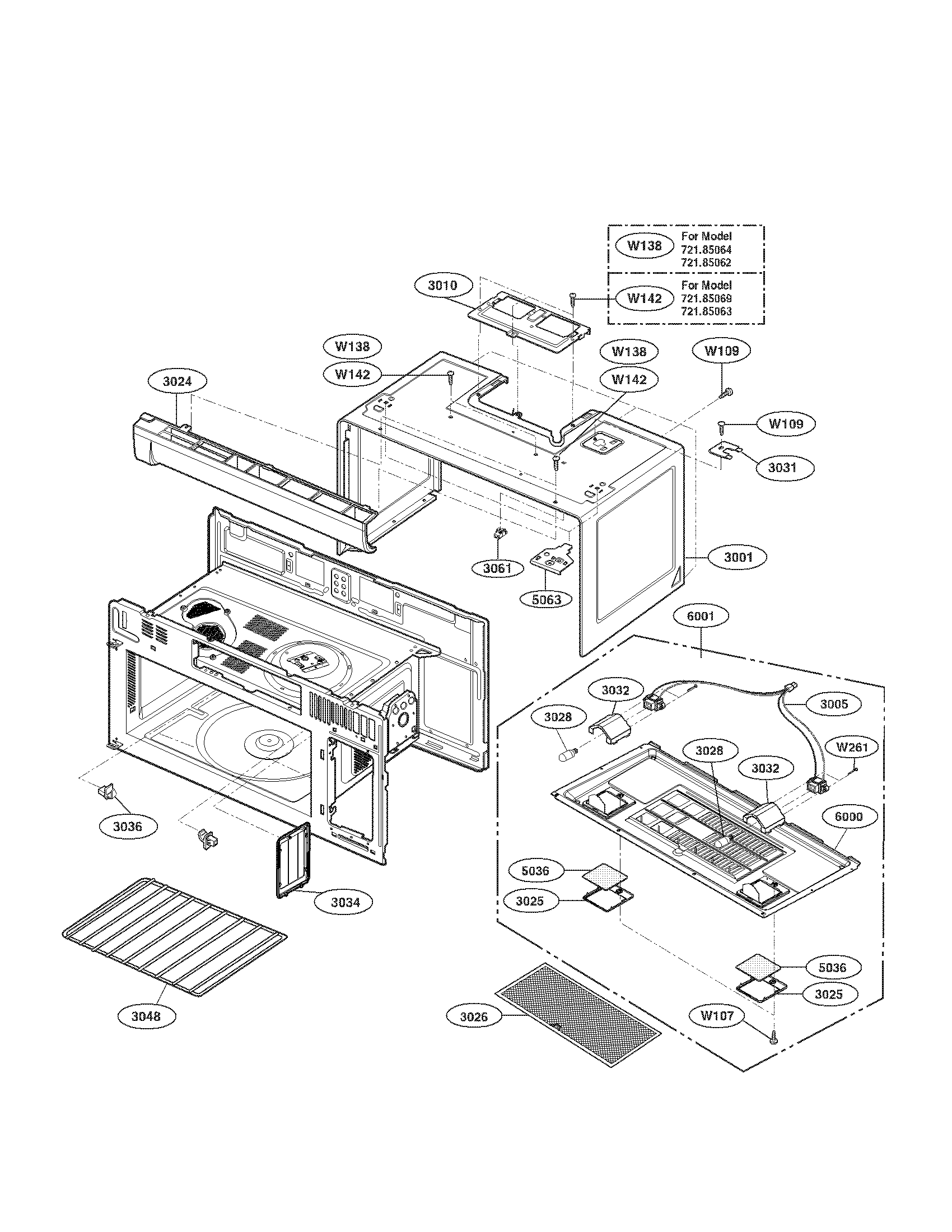 OVEN CAVITY PARTS ASSEMBLY Diagram & Parts List for Model 72185069010