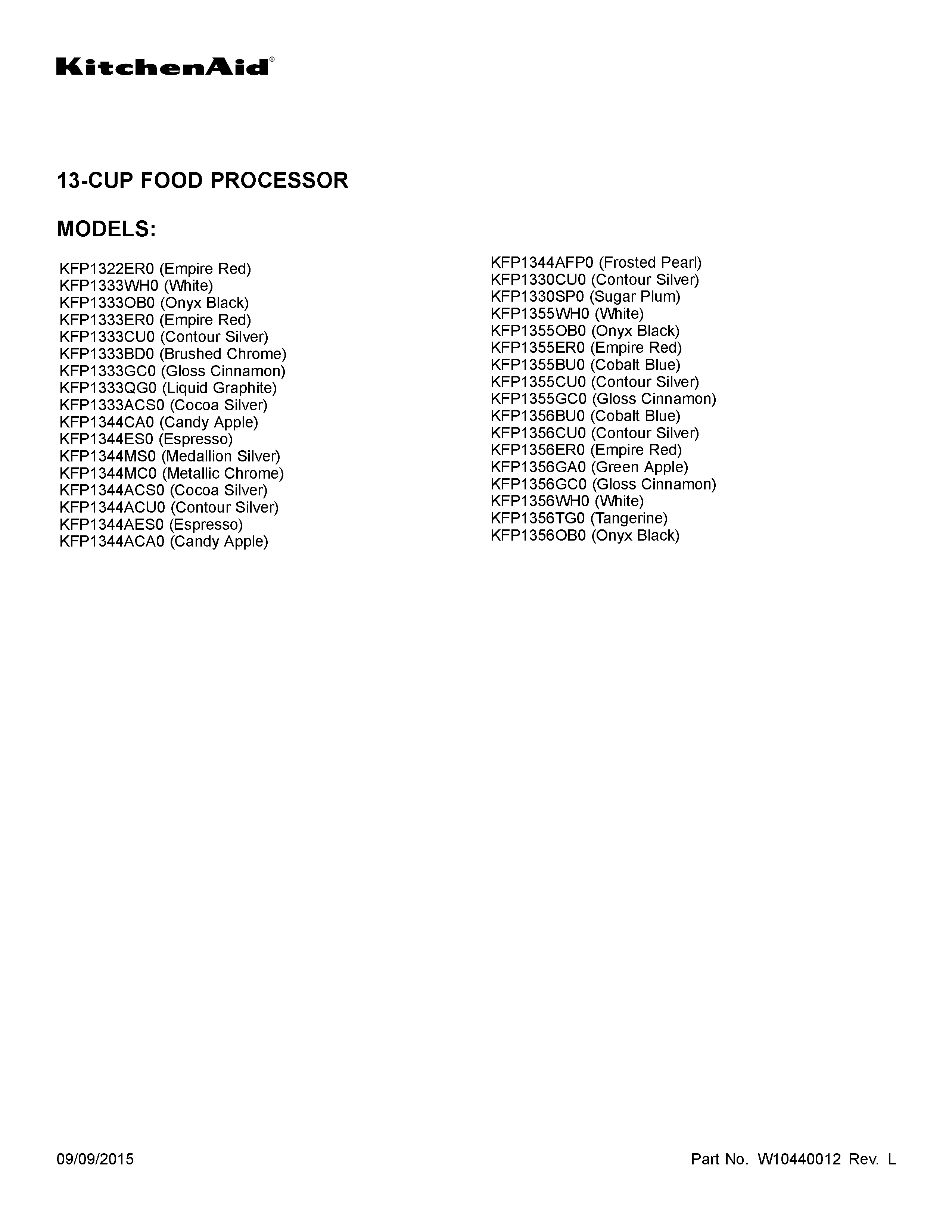 Kitchenaid Model Kfp1333ob0 Food Processor Genuine Parts
