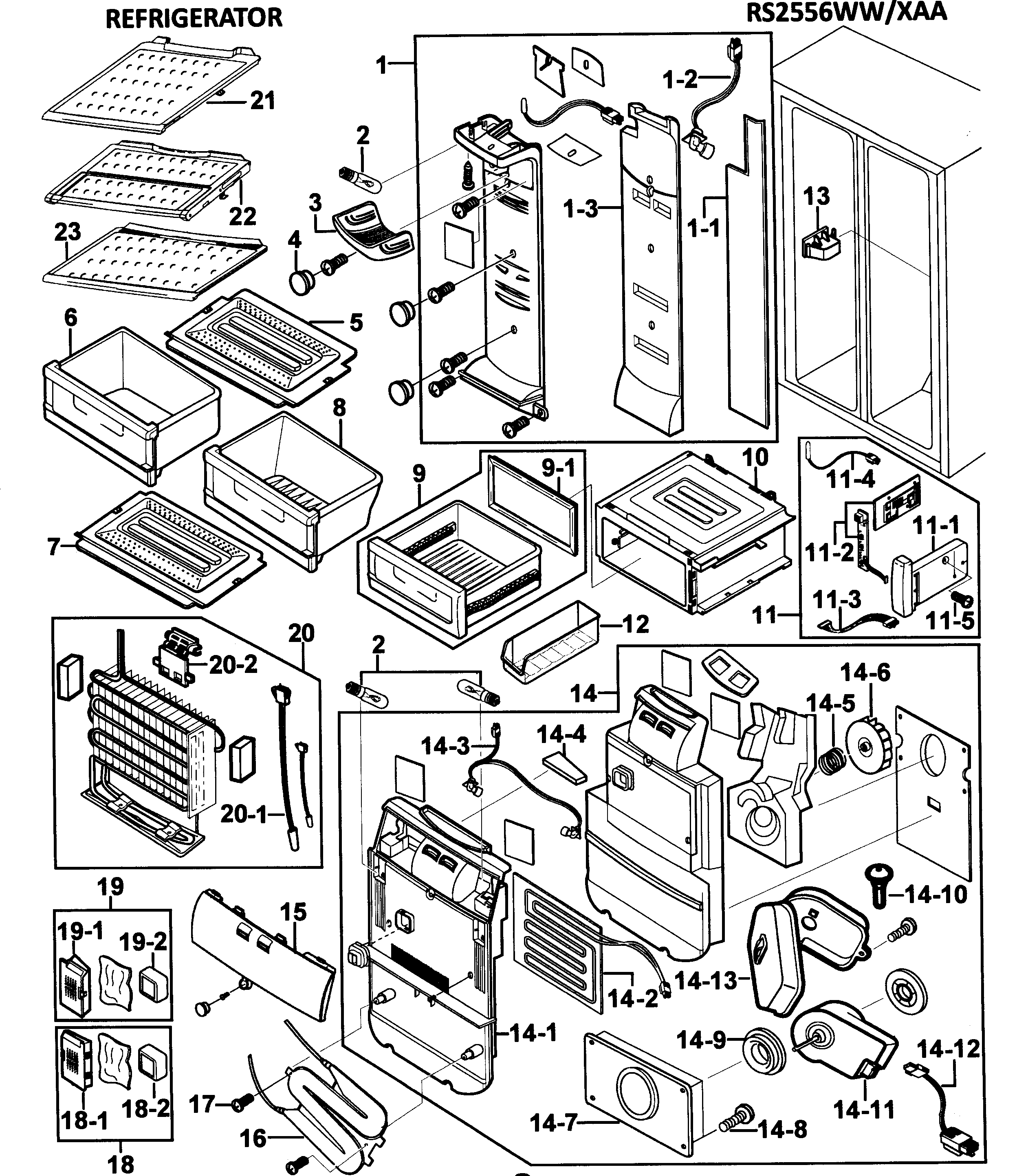 Samsung model RS2556WW/XAA-0000 side-by-side refrigerator genuine parts