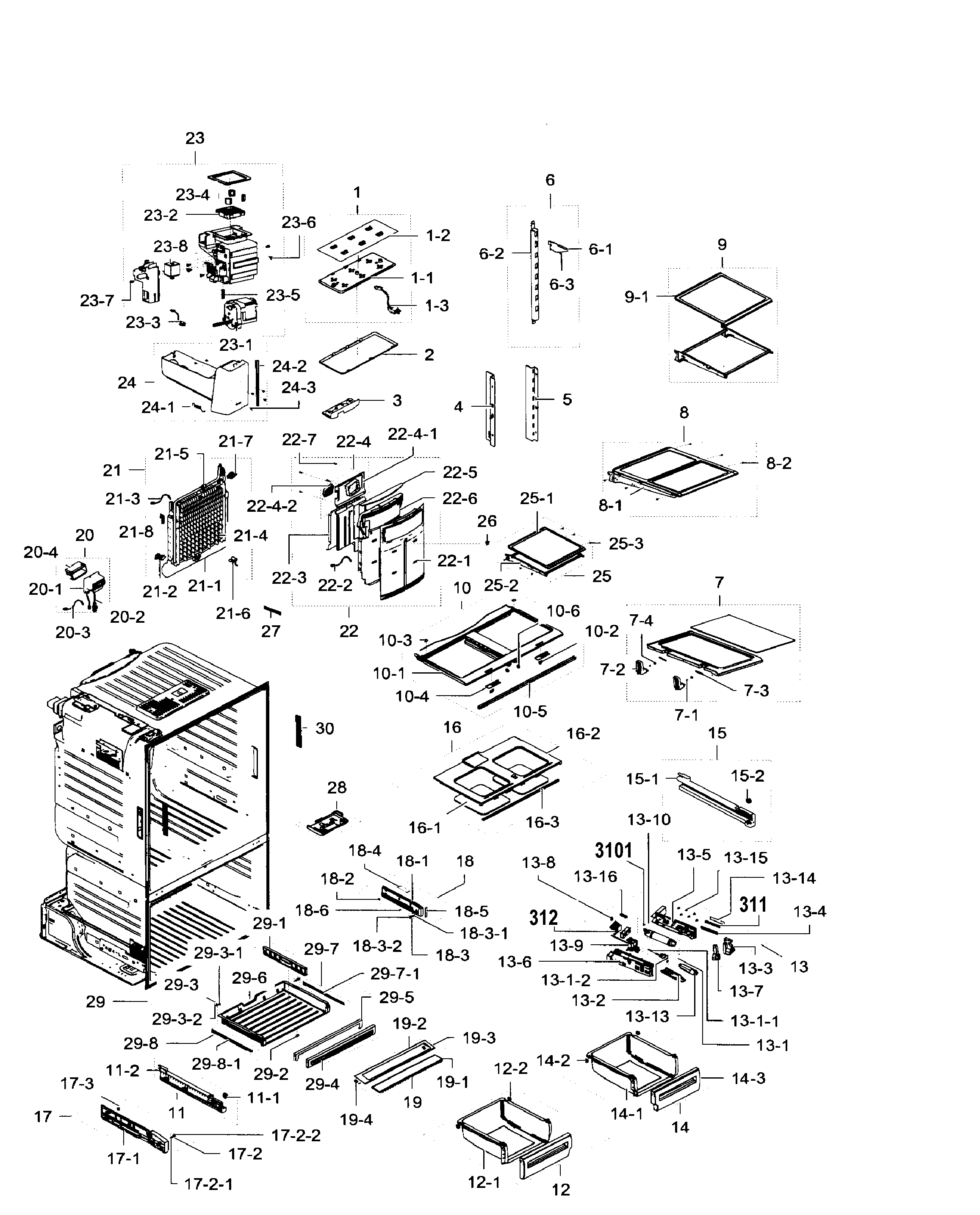 Samsung model RF28HFEDTSR/AA-05 bottom-mount refrigerator genuine parts
