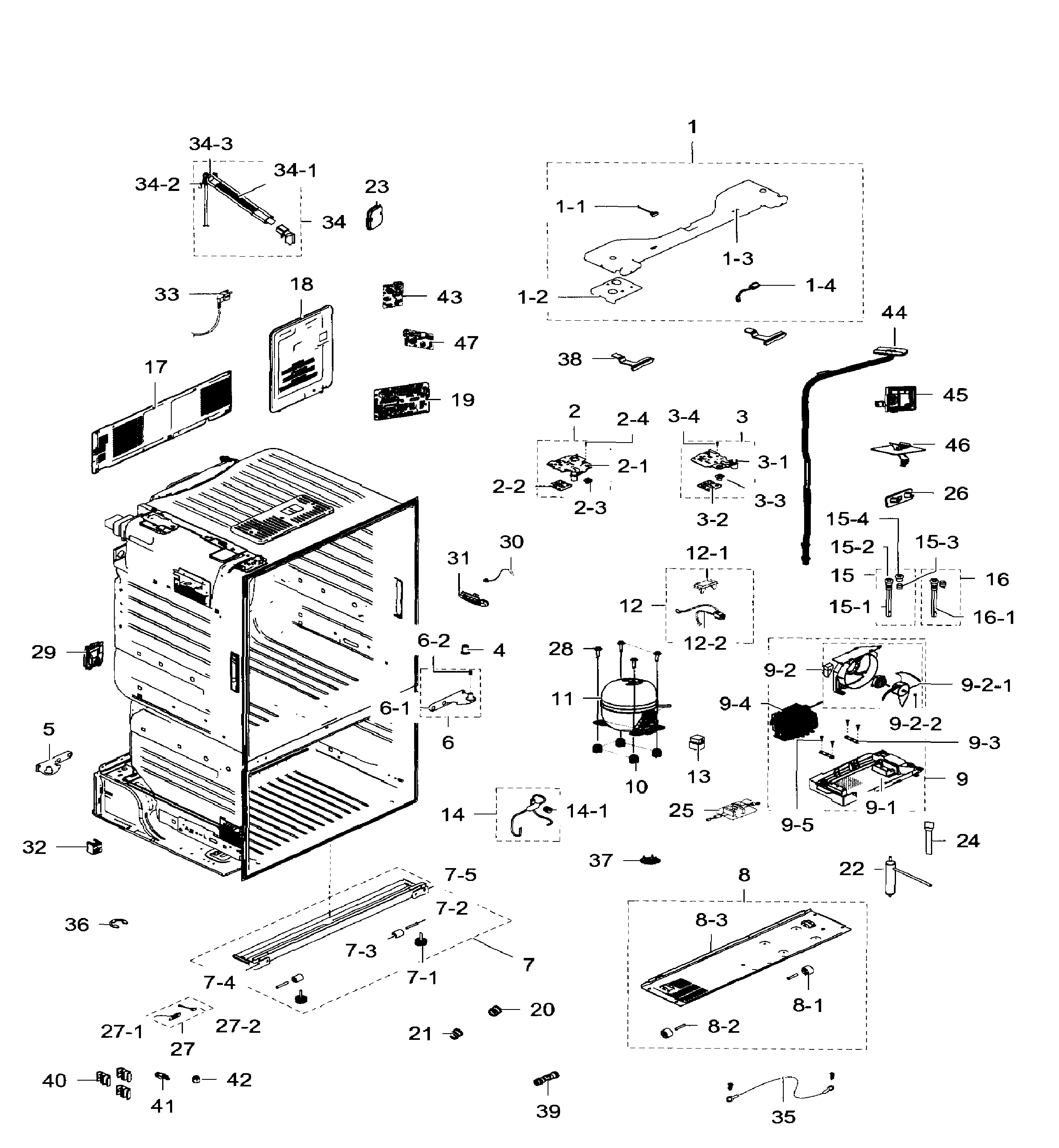 Samsung model RF28HFEDTSR/AA-09 bottom-mount refrigerator genuine parts