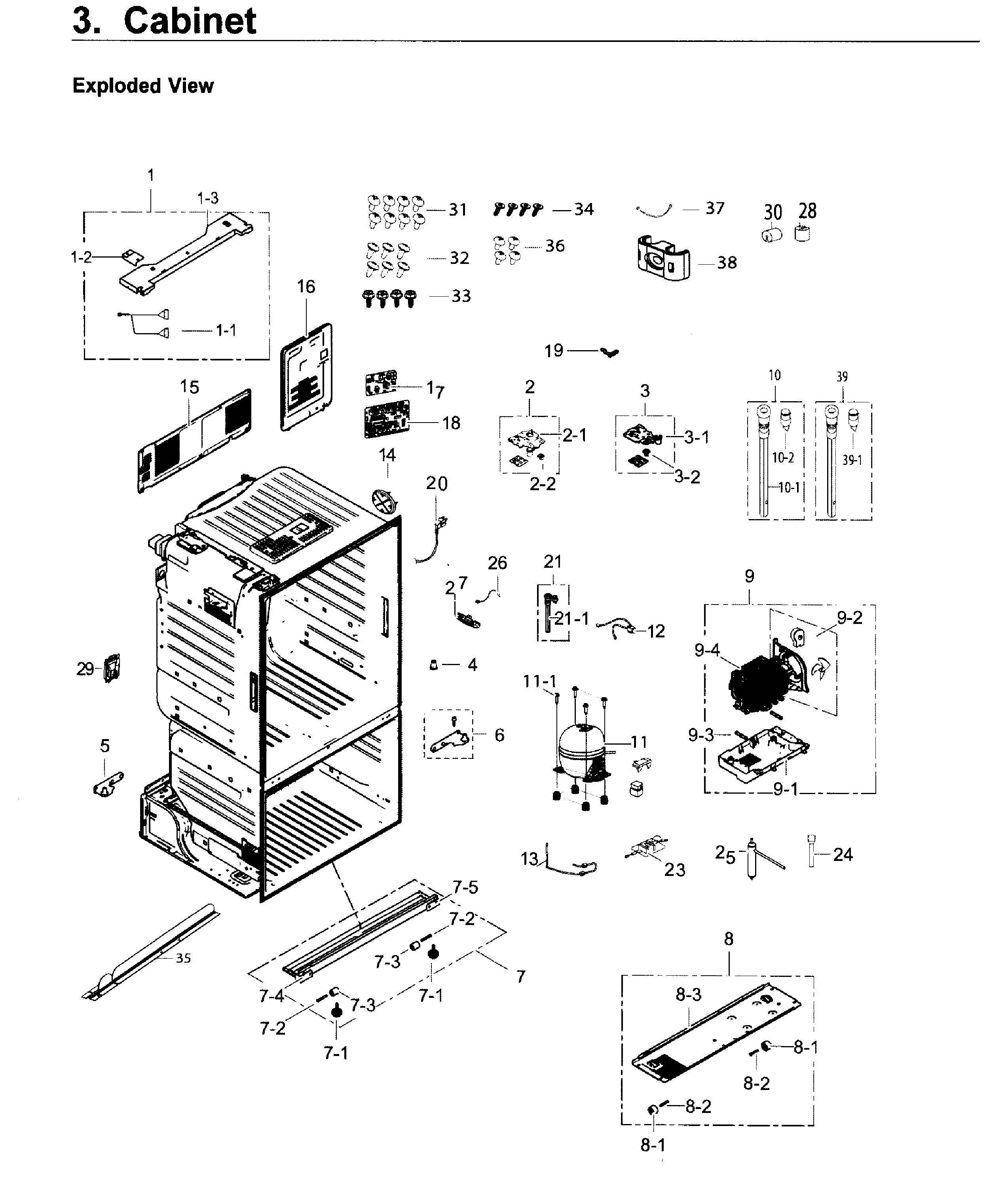 Samsung model RF263BEAEBC/AA-04 bottom-mount refrigerator genuine parts