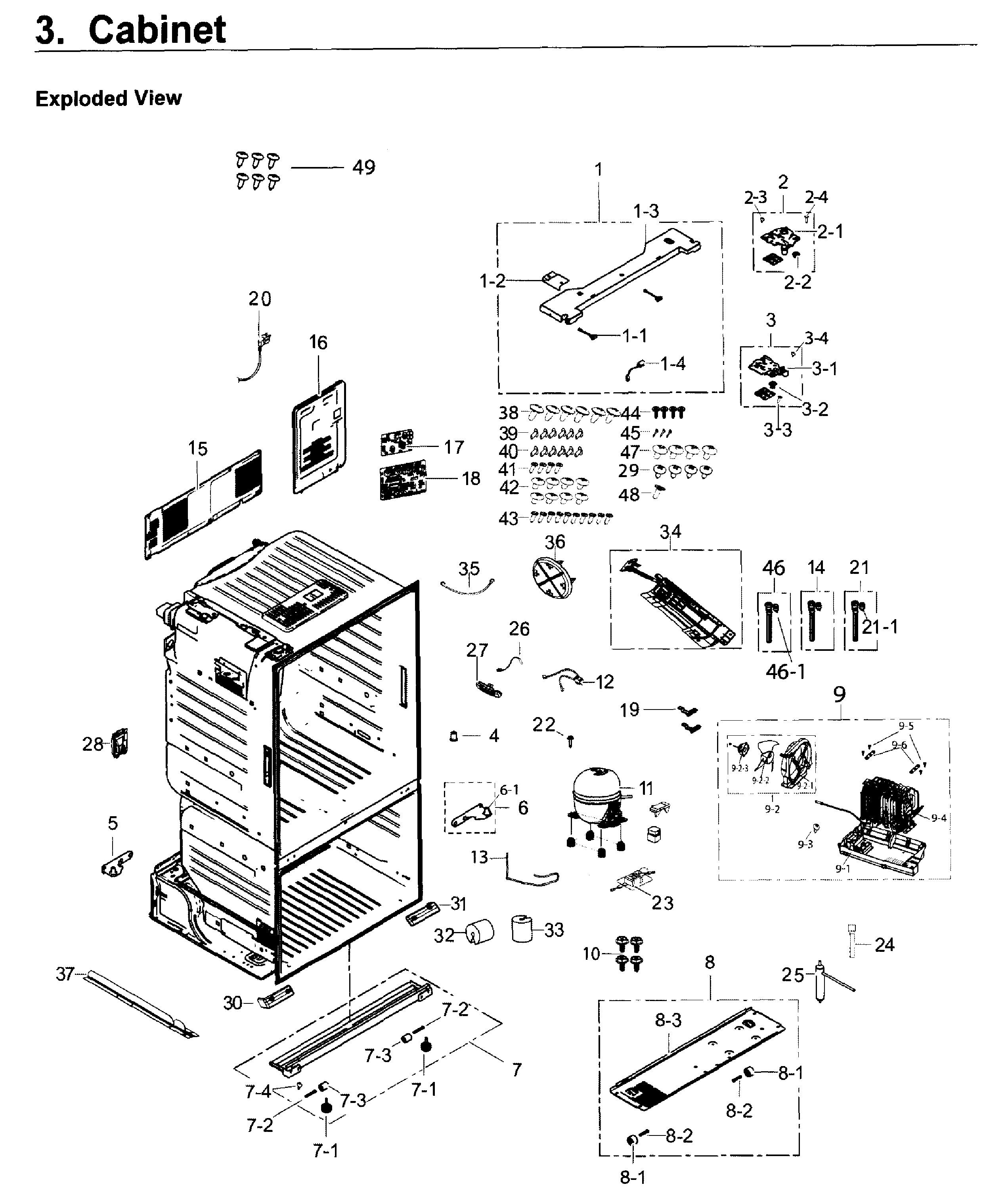 Samsung model RF263BEAESR/AA-03 bottom-mount refrigerator genuine parts