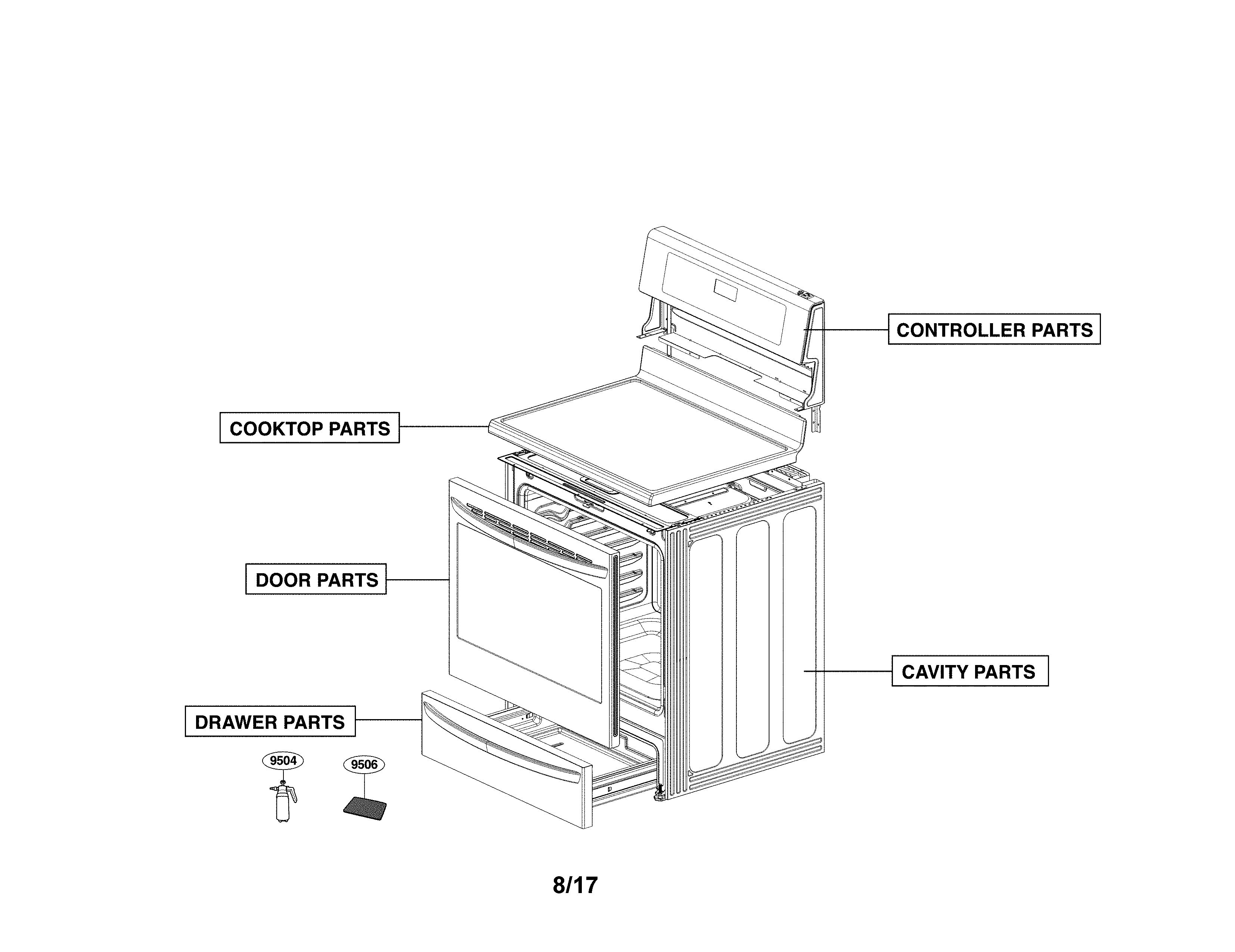 Lg model LRE3193BD/00 free standing, electric genuine parts