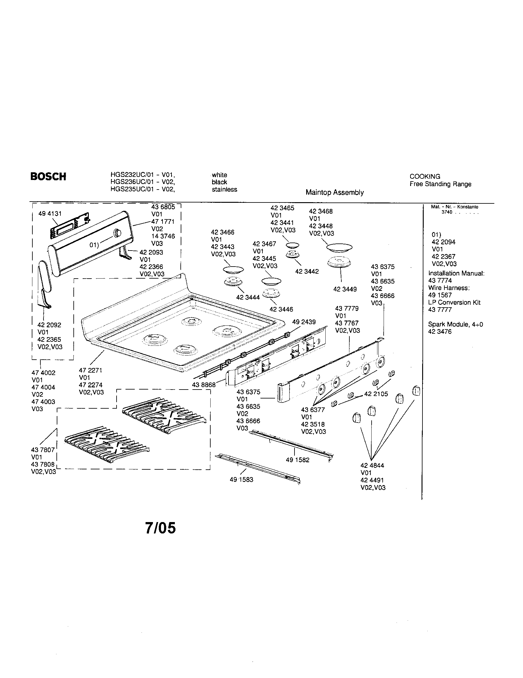Bosch model HGS235UC/01 free standing, gas genuine parts