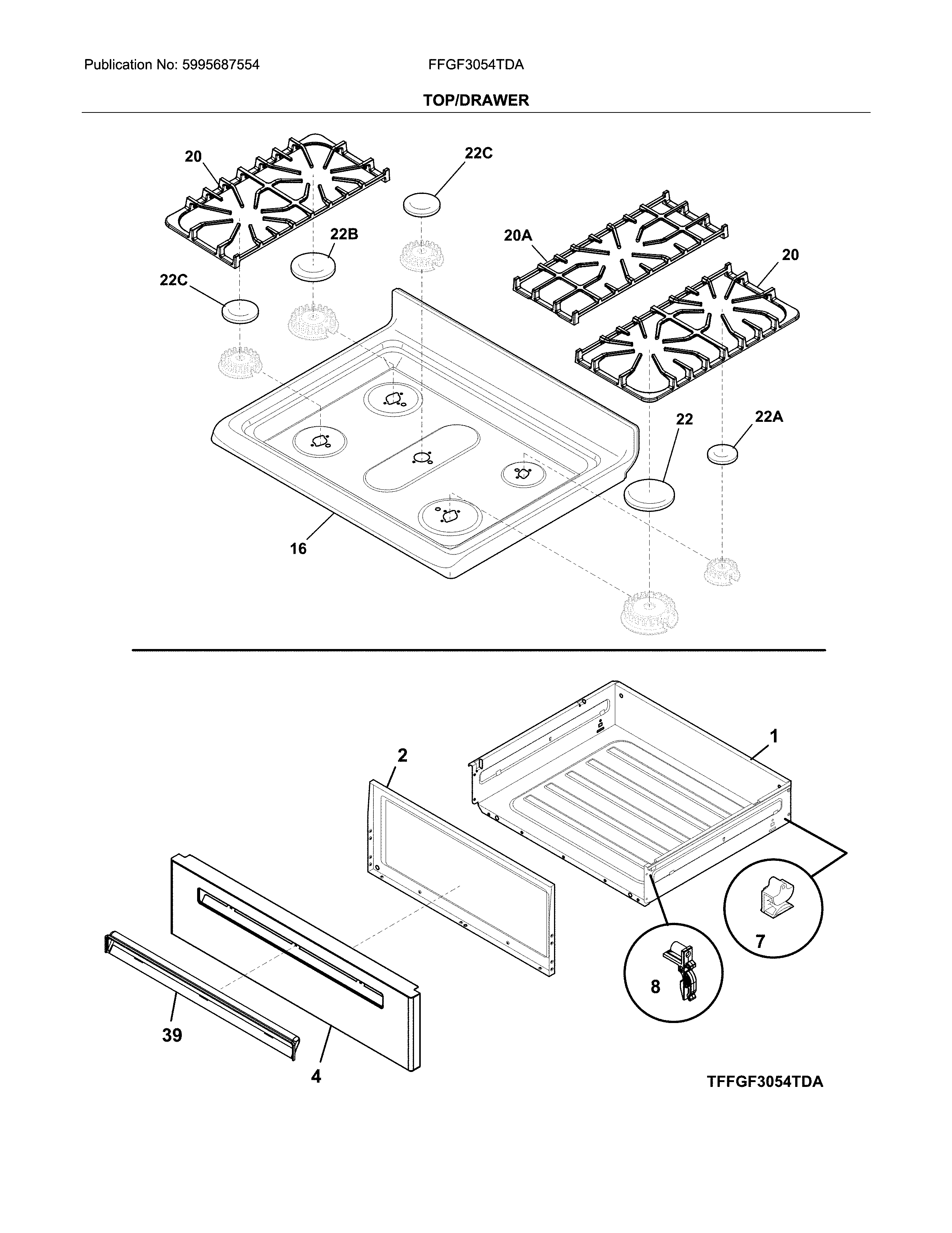 Frigidaire model FFGF3054TDA free standing, gas genuine parts