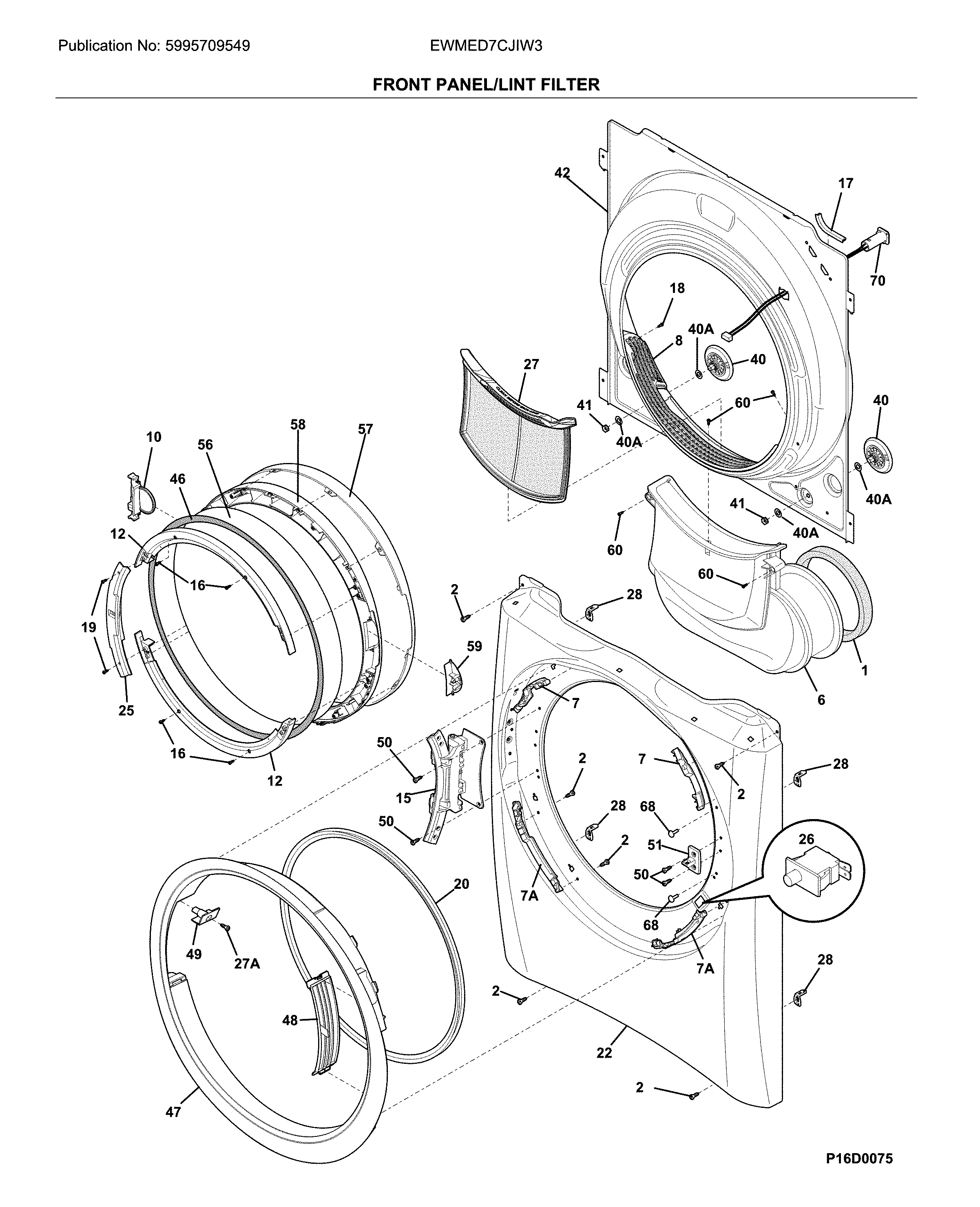 Electrolux model EWMED7CJIW3 residential dryer genuine parts