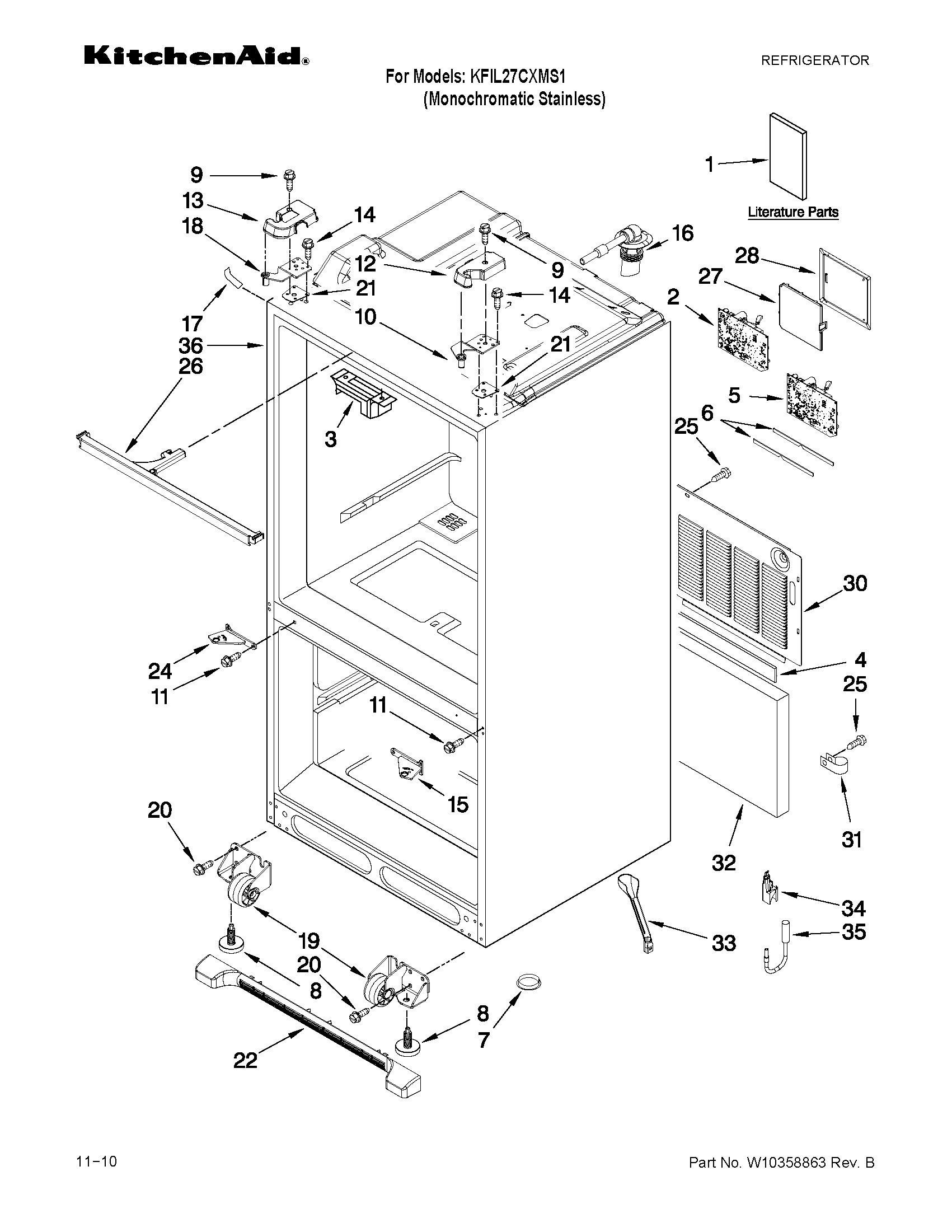 Kitchenaid model KFIL27CXMS1 bottommount refrigerator genuine parts