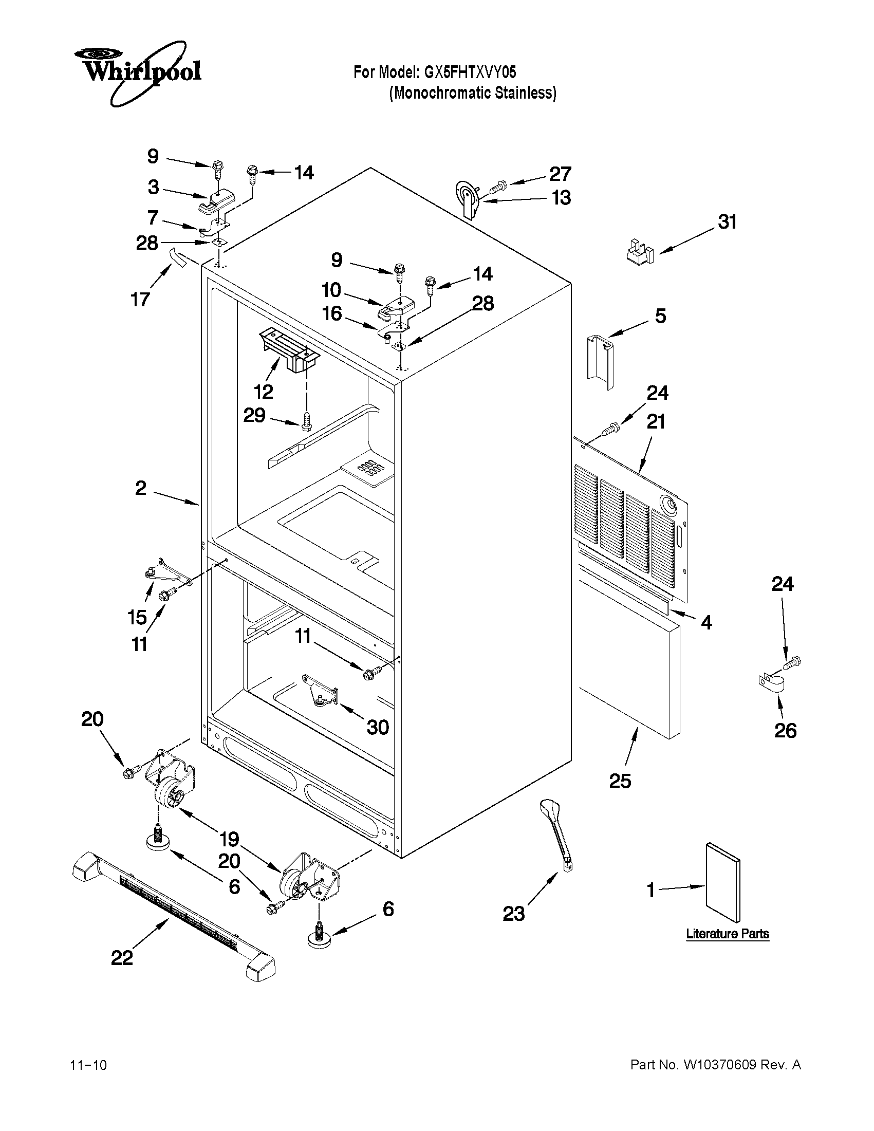 Whirlpool model GX5FHTXVY05 bottom-mount refrigerator genuine parts