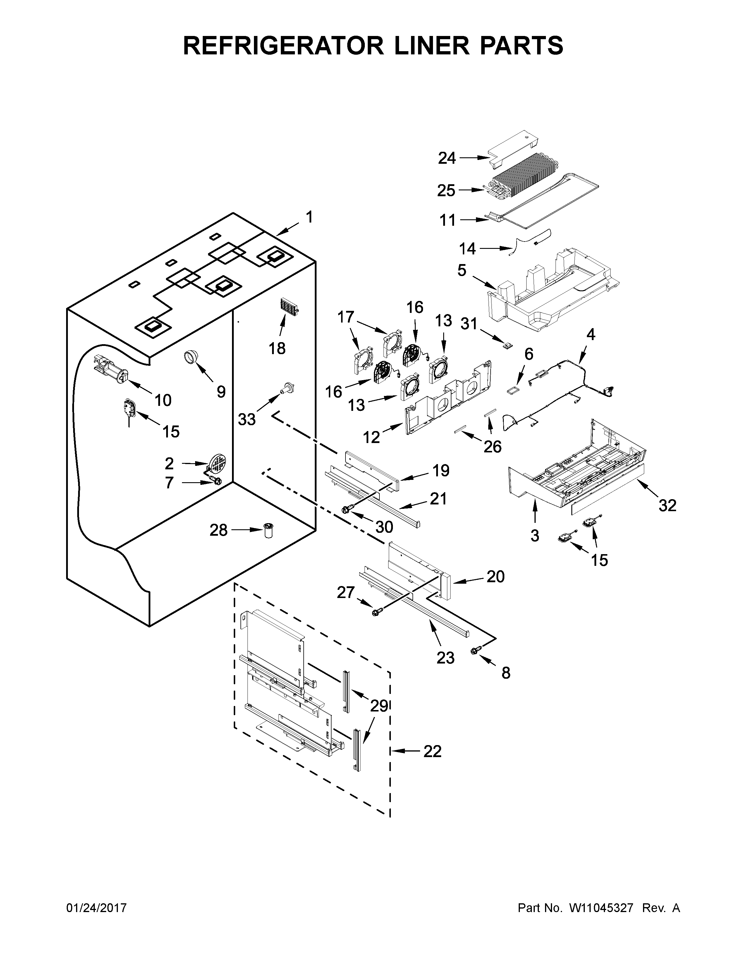 Kitchenaid model KBFN502ESS02 bottom-mount refrigerator genuine parts