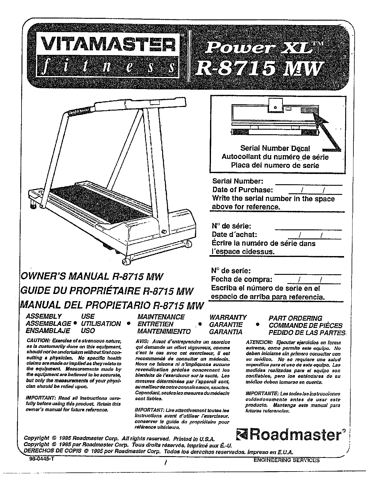 Vitamaster Owners Manual Treadmill 8708980451