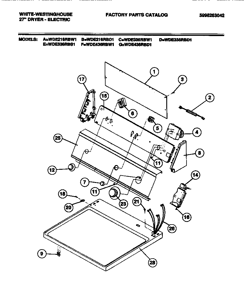 White-Westinghouse model WDE336RBW1 residential dryer genuine parts