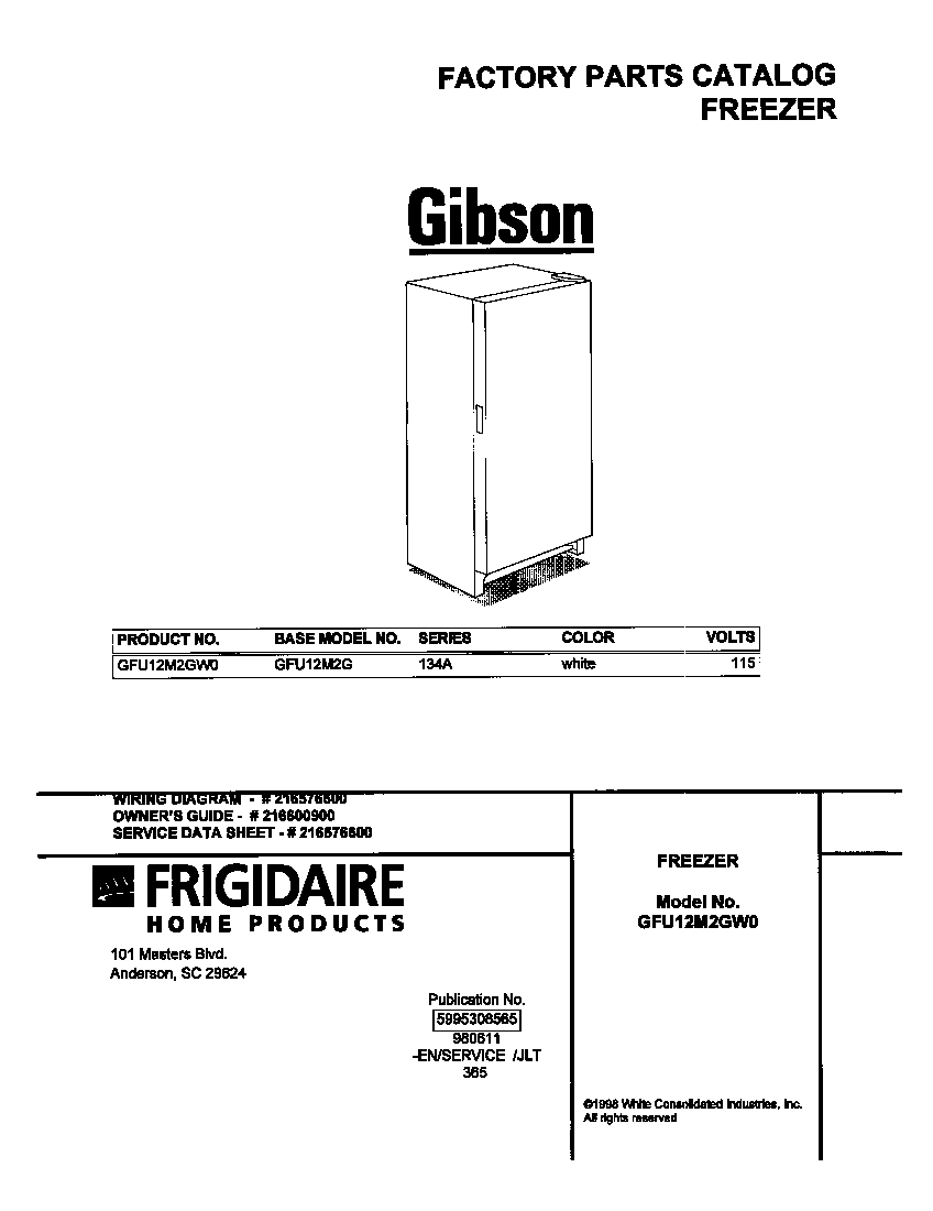 Gibson model GFU12M2GW0 upright freezer genuine parts