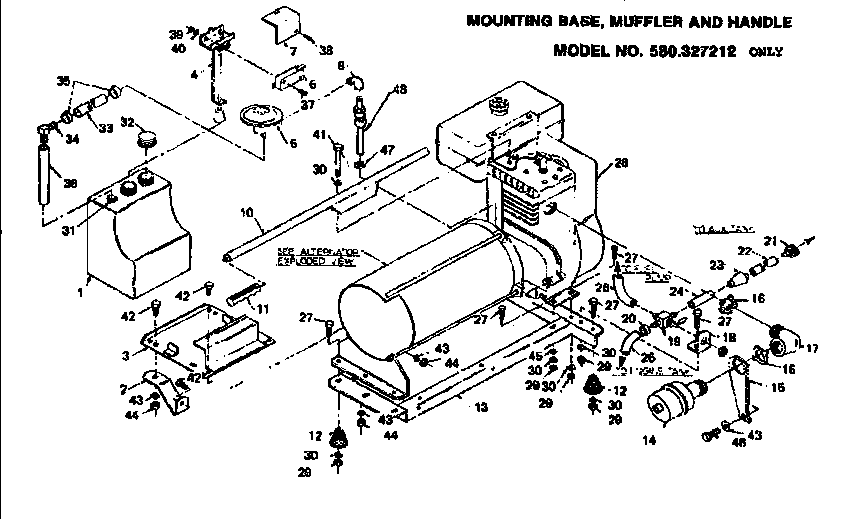 Craftsman 580327221 mounting base, muffler and handle 327212 diagram