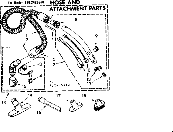 Kenmore 1162425580 hose and attachment parts diagram